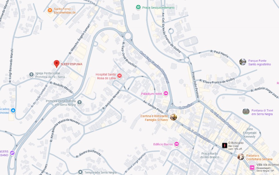 Mapa de localização da fábrica Sleep Espuma em Serra Negra, São Paulo, indicando o acesso para retirada de pedidos e logística industrial